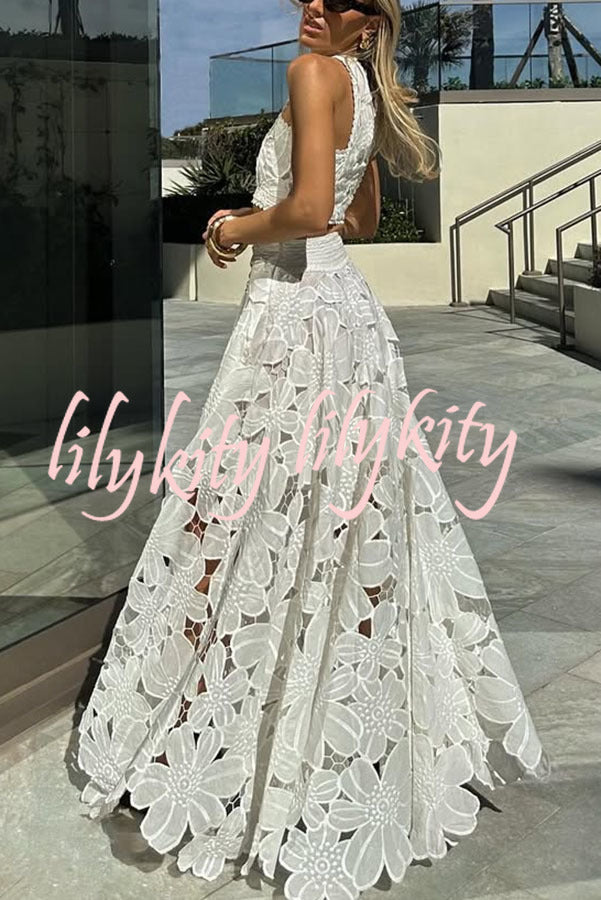 Next Trip Floral Embroidery Crochet Lace Crop Tank Top and Elastic Waist Pocket Maxi Skirt Set