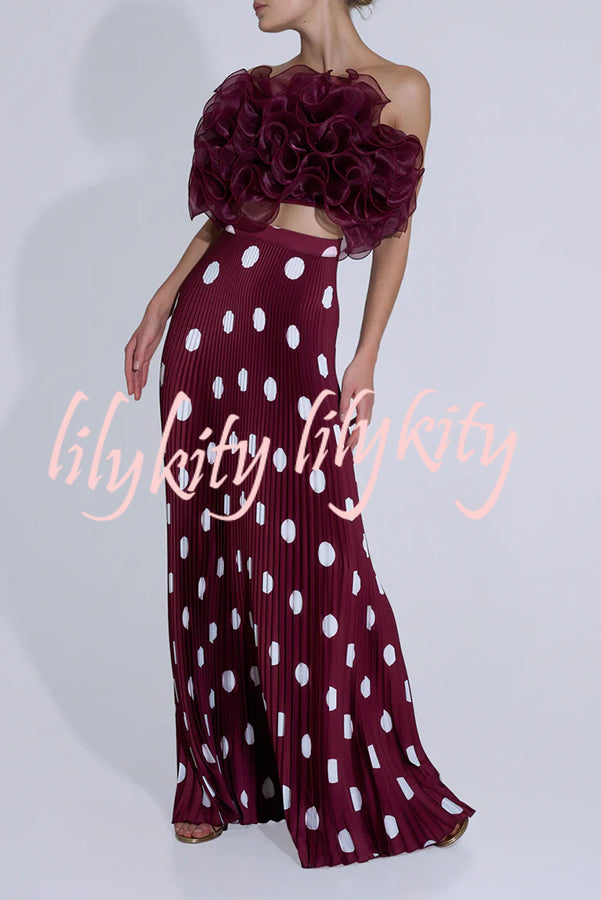 Eye-catching Satin Pleated Poka Dot Print High Rise Drape Maxi Skirt