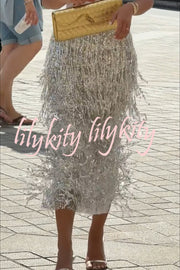 Evening Charm Layered Sequined Tassels High Rise Back Zipper Slit Midi Skirt