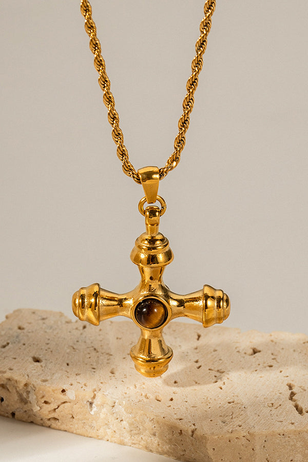 Stainless Steel Tiger Eye Cross Pendant Necklace