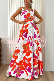 Stylish Floral Print Sling Top and Large Hem Pockets Maxi Skirt Set