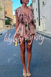 Dreamy Island Floral Leopard Print Cutout Waist Tiered Ruffles Mini Dress