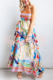 Satin Resort Print Sling Back Pleated Maxi Dress