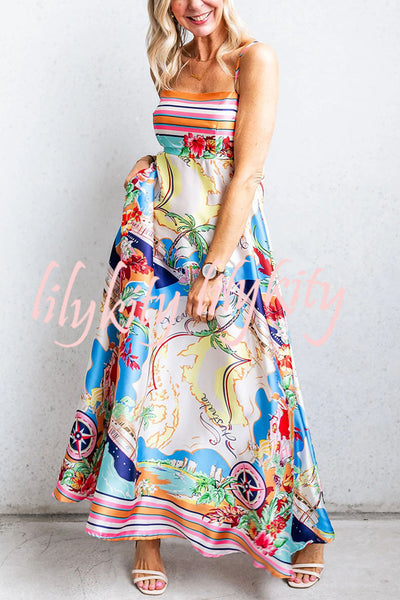 Satin Resort Print Sling Back Pleated Maxi Dress