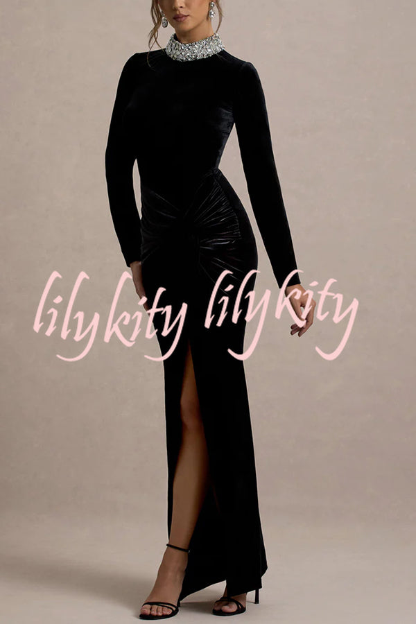 Love Lost Velvet Embellished High Neck Long Sleeve Twist Slit Maxi Dress