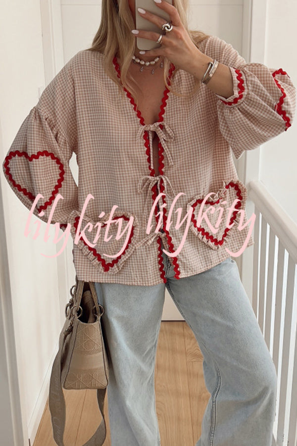 Lovely Plaid Heart Pattern Casual Lace-up Pocket Loose Shirt