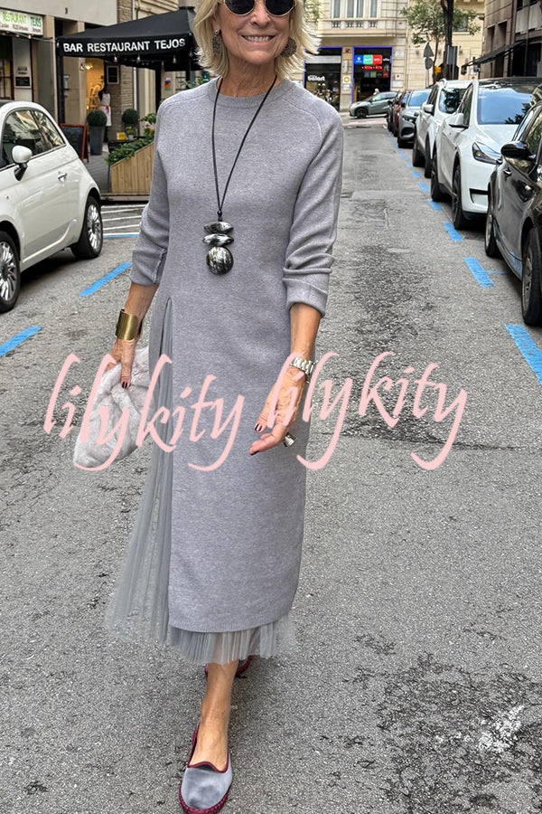 Jollie Knit Long Sleeve Front Slit Midi Sweater and Pleated Tulle Stretch Tank Midi Dress Two-piece Set