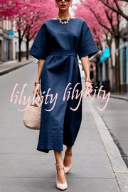 Solid Color Round Neck Half Sleeve Casual Waist Midi Dress