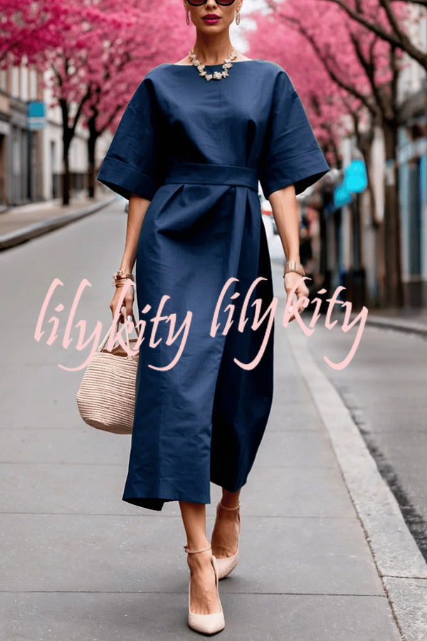 Solid Color Round Neck Half Sleeve Casual Waist Midi Dress