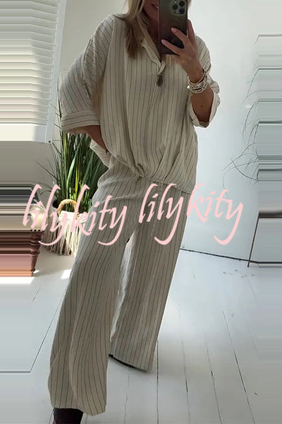 Fashion Striped Print Lapel Loose Top and Elastic Waist Casual Wide-leg Pants Set