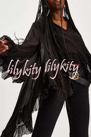 Flowy See-through Ruffle Tie-up Neck Bell Sleeve High-low Hem Cape Shirt