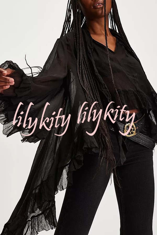 Flowy See-through Ruffle Tie-up Neck Bell Sleeve High-low Hem Cape Shirt