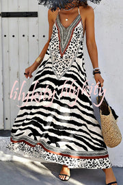 Zebra Print V-neck Open Back Loose Maxi Dress