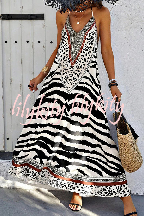 Zebra Print V-neck Open Back Loose Maxi Dress