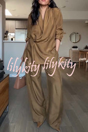 Bella Satin Drape Collar Single Button Casual Blazer and Elastic Waist Pocket Loose Pants Set