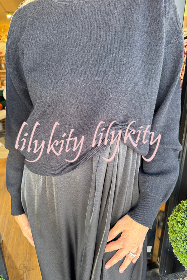 Practical Fashion Knit Ruched Sweater and Satin Stretch Tank Midi Dress Two-piece Set