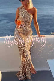 Santorini Night Sequin Fabric One Shoulder Slit Maxi Dress