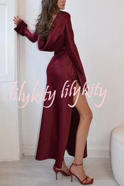 Satin Elegant Long-sleeved Open-back Slim-fit Slit Maxi Dress