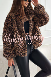 Stylish Leopard Print Lapel Long Sleeve Short Coat