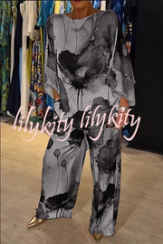 Satin Botanical Print Crew Neck Casual Top and Elastic Waist Loose Pocket Pants Set