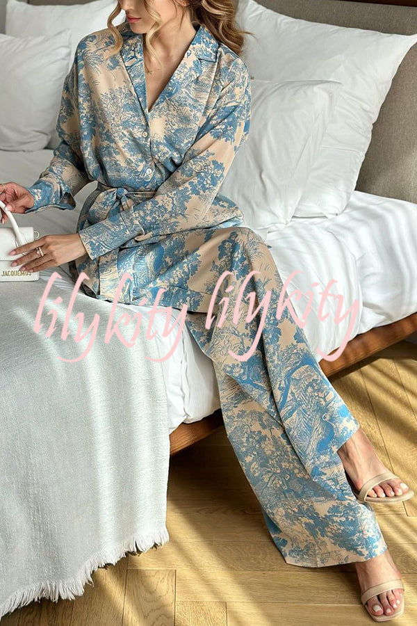 Unique Print Long-sleeved Tie Shirt and Elastic High-waist Wide-leg Pants Set