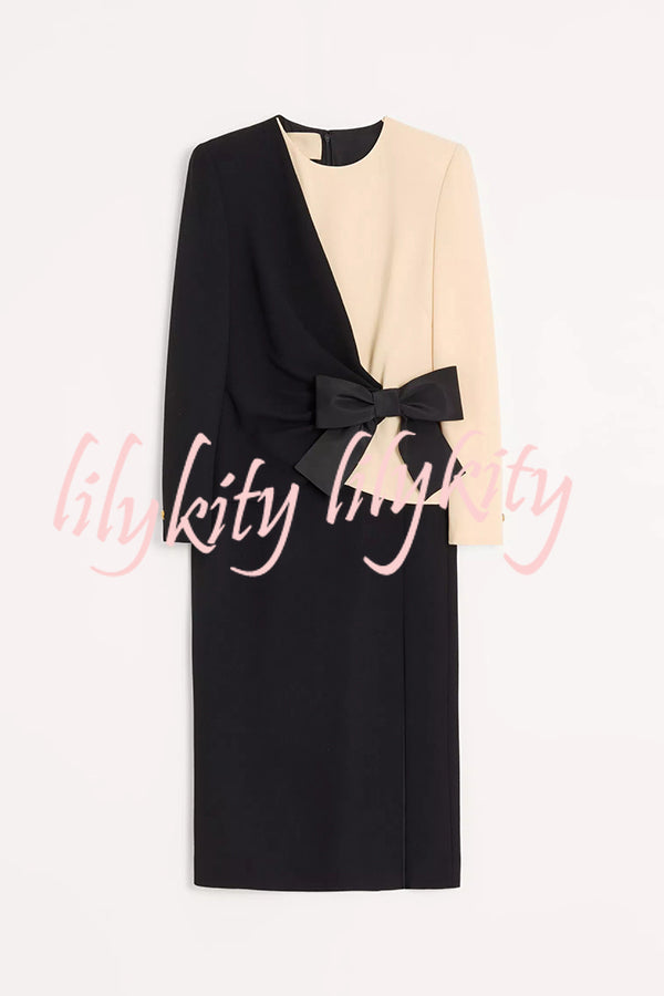 Love Unfolded Contrast Color Side Bow Tie-up Long Sleeve Slit Midi Dress