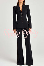 Women Power Metal Cross Snap Button Long Sleeve Lapel Blazer
