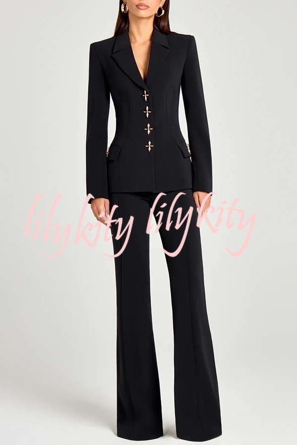 Women Power Metal Cross Snap Button Long Sleeve Lapel Blazer