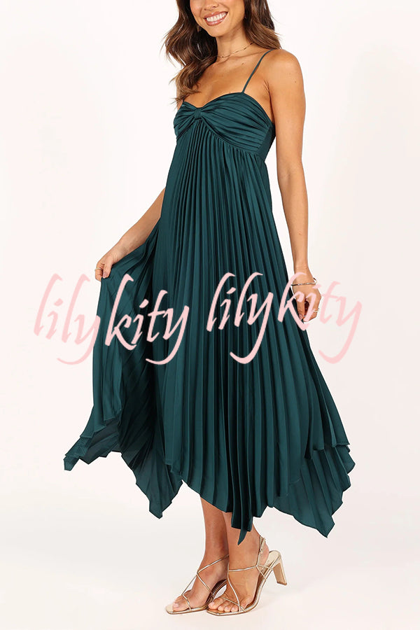 Solid Color Sexy Suspender Pleated Irregular Midi Dress