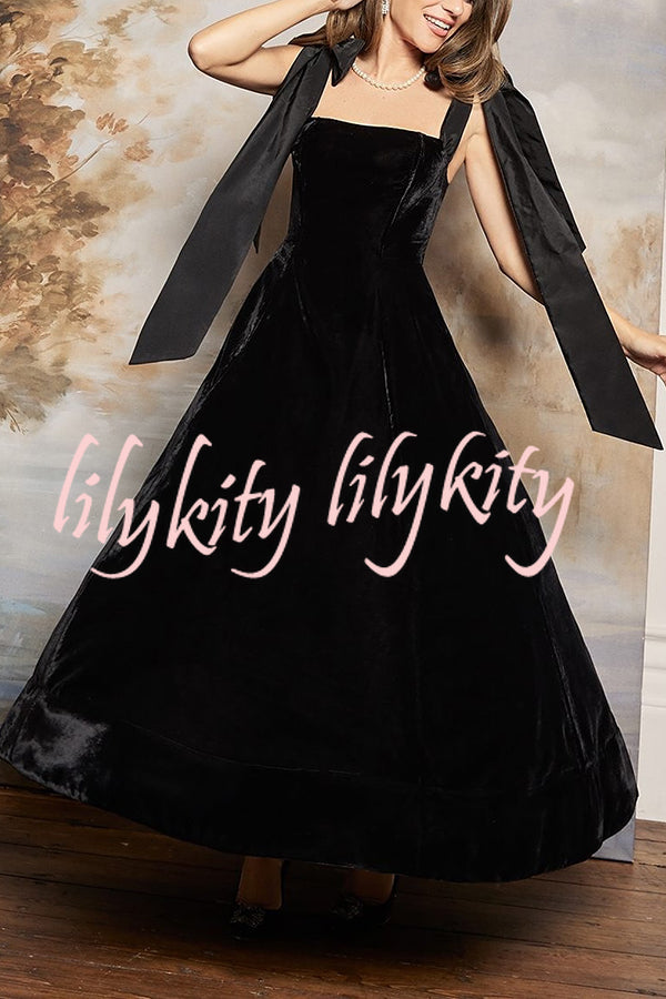 Romantic Type Velvet Bandeau Taffeta Bow Strap Pocketed Prom Maxi Dress