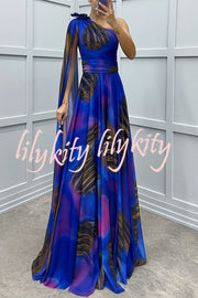 Lucia Unique Print Floral Detail One Shoulder Draped Sleeve Gown Maxi Dress