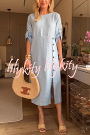 Ultra-comfortable Linen Blend Half Sleeve Front Button Detail Relaxed Pocket Midi Dress