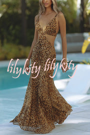 Elegant Wildness Leopard Print Elasticated Cutouts Slip Maxi Dress