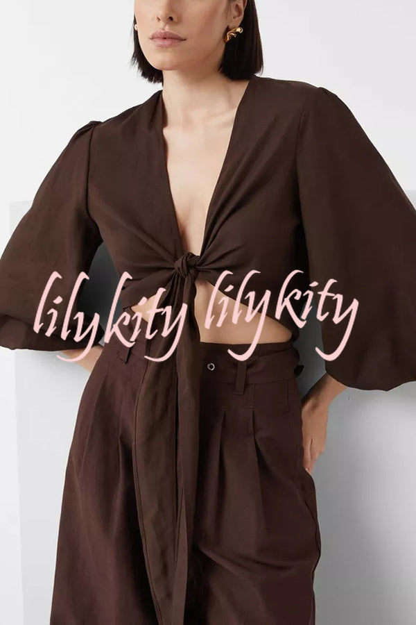Lets Go Out Linen Blend Balloon Sleeve Wrap Tie-up Loose Top