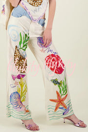 Dream Ocean Satin Unique Print Back Elastic Waist Pocketed Wide Leg Pants