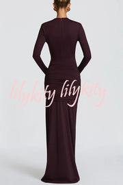Sexy Cutout Fitted Long-sleeved Pleated Satin Ribbon Maxi Dresses