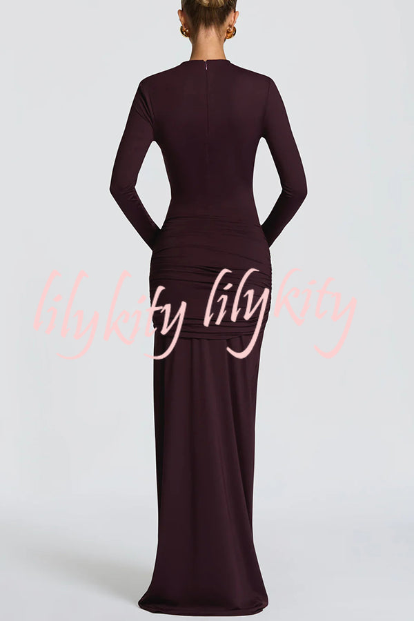 Sexy Cutout Fitted Long-sleeved Pleated Satin Ribbon Maxi Dresses