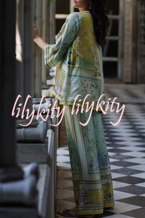 Elonie Satin Floral Print V-neck Half Sleeve Top and Elastic Waist Wide Leg Pants Set