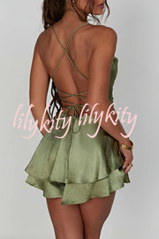 Ruffled Elegant Satin Strappy Satin Backless Lace Up Mini Dress