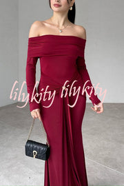 Naia Off Shoulder Long Sleeve Metal Buckle Adjustment Drape Stretch Maxi Dress