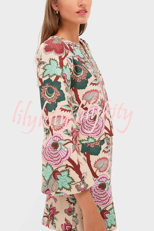 Autumn Garden Printed V-neck Long Bell Sleeve Top and Mid Rise Skirt Set