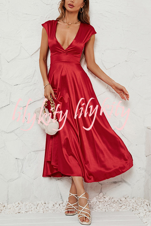 Satin Solid Color Sleeveless V-neck Pocket Maxi Dress