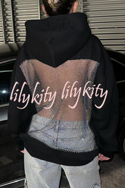 Fashionable Shiny Mesh Hollow Back Loose Long-sleeved Hooded Sweatshirt