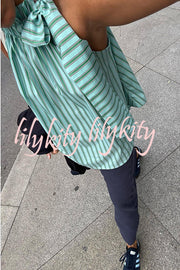 Casual Loose Ruffle Lace-up Collar Sleeveless Striped Top