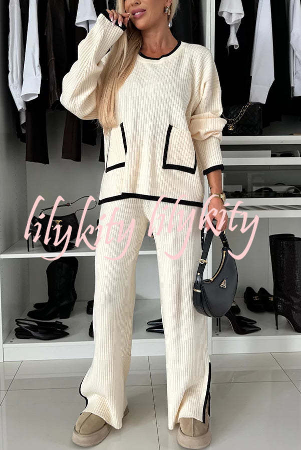 Warm Embrace Knit Ribbed Colorblock Trim Pocket Top and Stretch Slit Pants Set