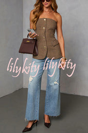 Workplace Vitality Houndstooth Off Shoulder Button Vest Top