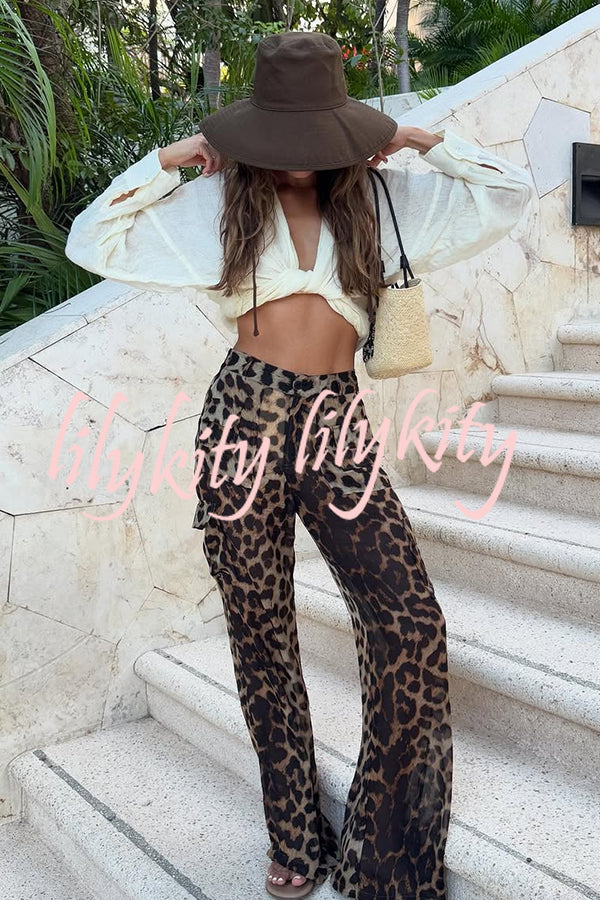 Minka Chiffon Leopard Elastic Waist Pocketed Loose Cargo Pants