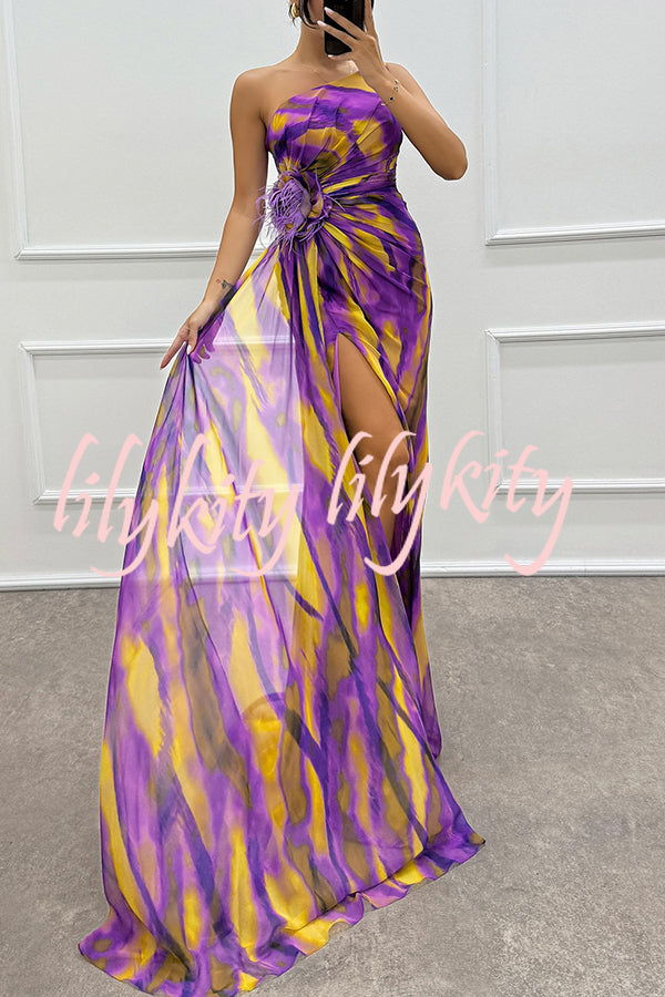 Amazing Views Watercolor Print Feather Rose Detail Off Shoulder Pleated Slit Maxi Dress