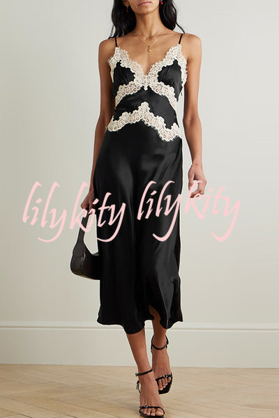 Dreaming of You Contrast Color Satin Lace Trim Back Tie-up Slip Midi Dress