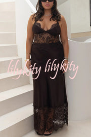 Elegant Evening Satin Lace Patchwork See-through Waist Slip Maxi Dress